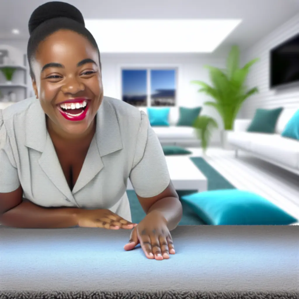 Elégedett ügyfél a frissen kitisztított szőnyege mellett